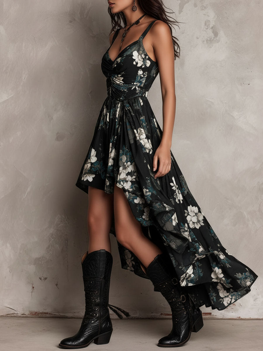 Boho-Midikleid mit Blumenmuster, asymmetrischem Saum und Rüschen