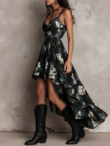 Boho-Midikleid mit Blumenmuster, asymmetrischem Saum und Rüschen