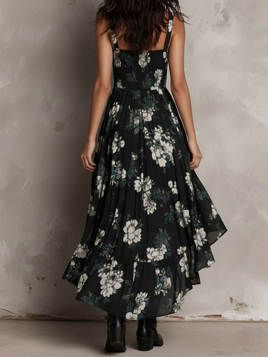 Boho-Midikleid mit Blumenmuster, asymmetrischem Saum und Rüschen