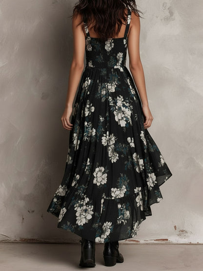 Boho-Midikleid mit Blumenmuster, asymmetrischem Saum und Rüschen