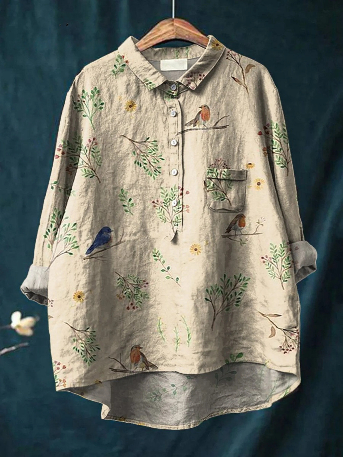 Alice | Camisa Casual Feminina com Estampa de Galhos e Pássaros Robin