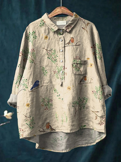 Alice | Camisa Casual Feminina com Estampa de Galhos e Pássaros Robin