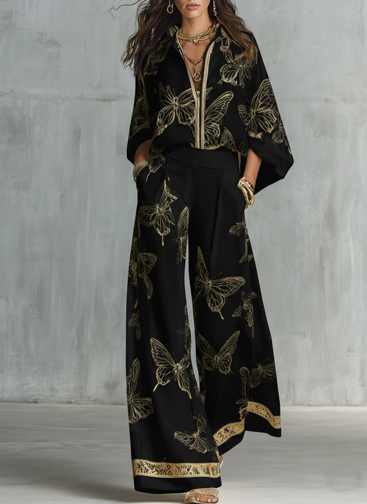 Conjunto Casual Elegante Solto de Duas Peças com Estampa de Borboleta Dourada