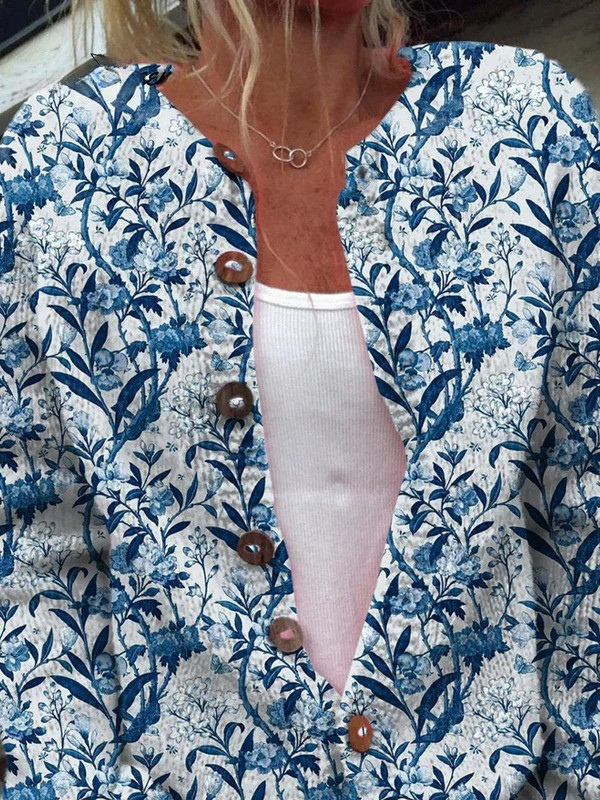 Cardigã com Botões Estampado Floral Elegante Azul e Branco