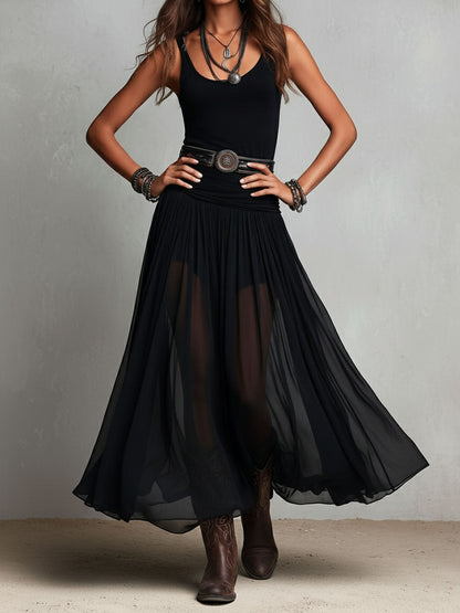 Vestido Maxi Boho Western Esticado com Saia Transparente