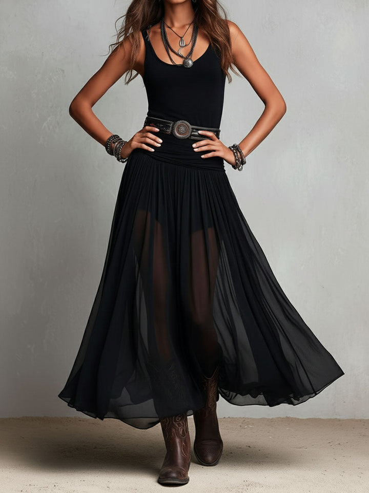 Vestido Maxi Preto Boho Western com Saia Transparente e Tecido Elástico