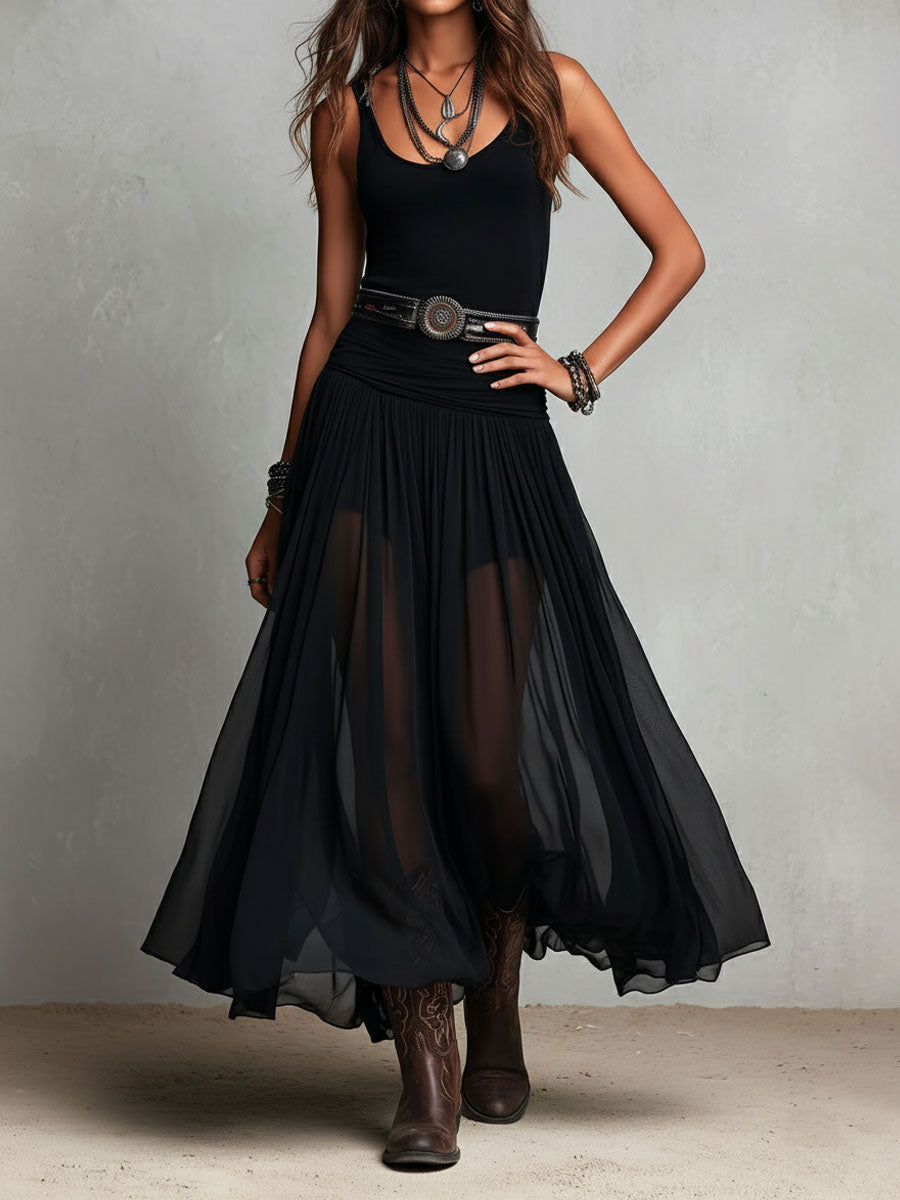 Vestido Maxi Boho Western Esticado com Saia Transparente