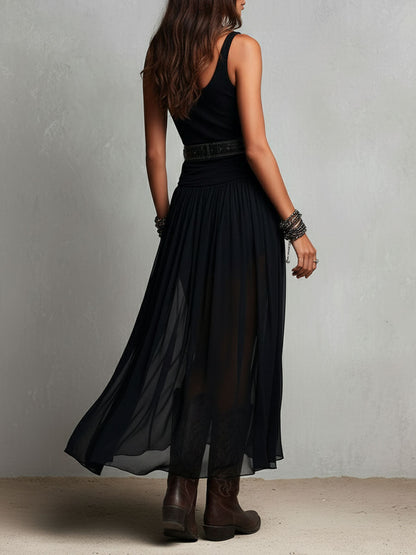 Vestido Maxi Boho Western Esticado com Saia Transparente