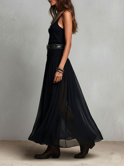 Vestido Maxi Boho Western Esticado com Saia Transparente