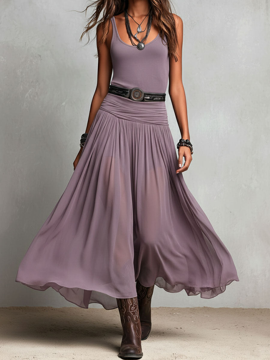 Vestido Maxi Boho Western Esticado com Saia Transparente