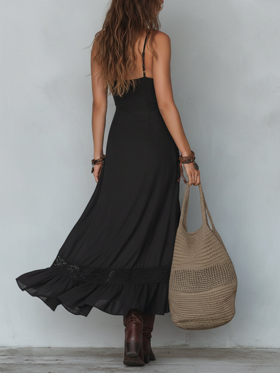 Vestido Maxi Retrô de Tencel com Barra Irregular e Renda