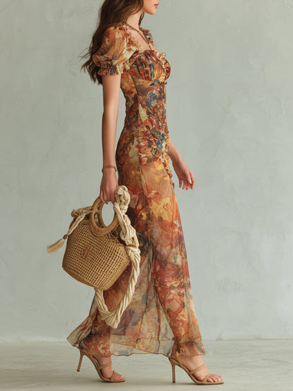 Vestido Longo de Chiffon Estampado com Pintura a Óleo Boho Holiday