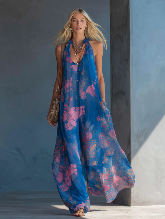 Maxikjole i chiffon med blomsterprint og halterneck
