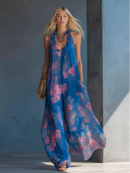Maxikjole i chiffon med blomsterprint og halterneck