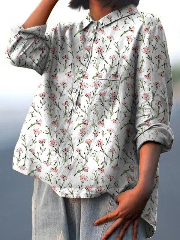 Ruby | Camisa Casual Feminina com Estampa Repetida Floral Rosa de Primavera