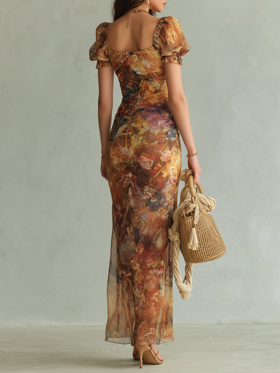 Vestido Longo de Chiffon Estampado com Pintura a Óleo Boho Holiday