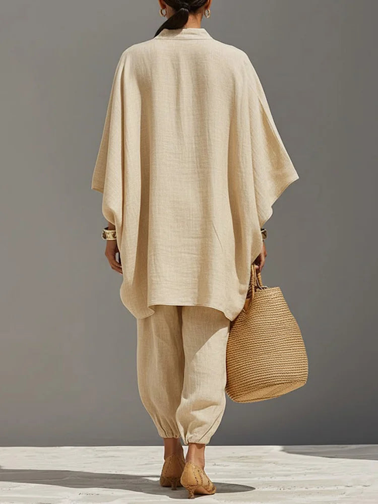 The Cotton Linen V-Neck Top & Wide-Leg Trousers Set
