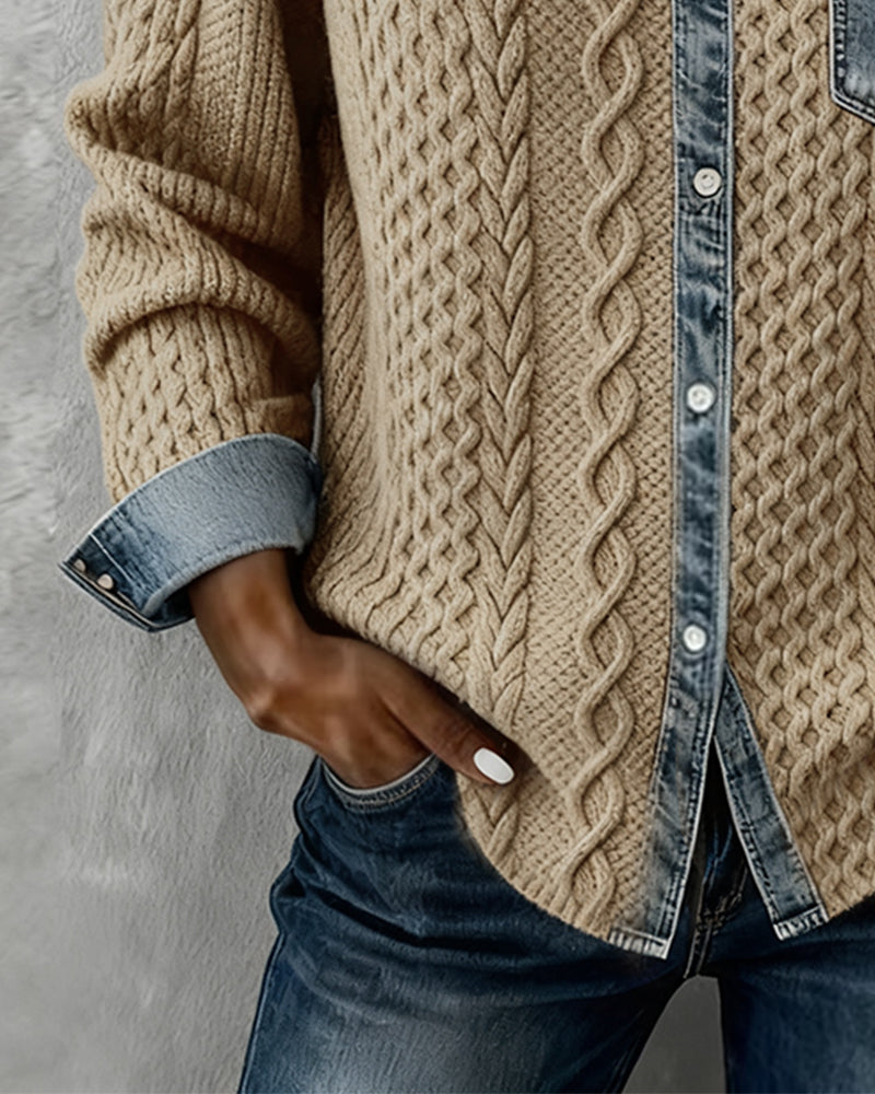 Camisa de Manga Longa com Patchwork em Denim