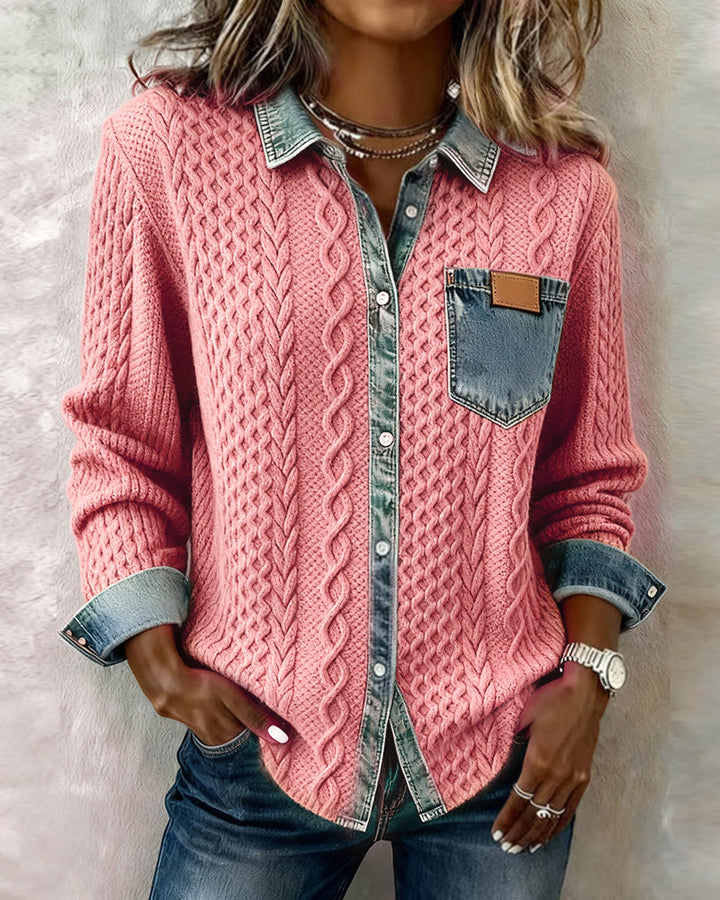 Camisa de Manga Longa com Patchwork em Denim