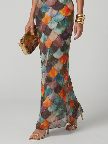 Larkin | Fitted Multicolor Scale Pattern Maxi Dress