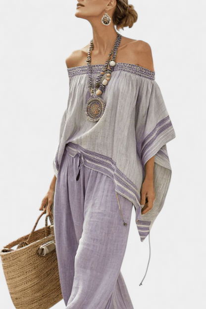 Zandrel | Elegantes Off-Shoulder-Top & Weite gestreifte Hose mit weitem Bein
