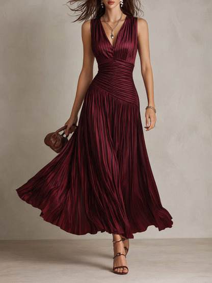 Vestido Longo Vintage Plissado de Cetim Listrado