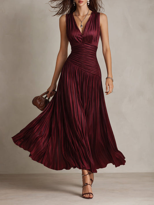 Vintage stribet plisseret satin maxikjole