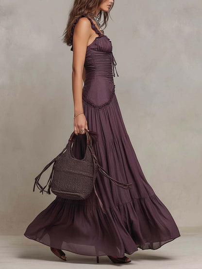 Vestido Longo Boêmio de Chiffon com Babados, Franzidos e Camadas