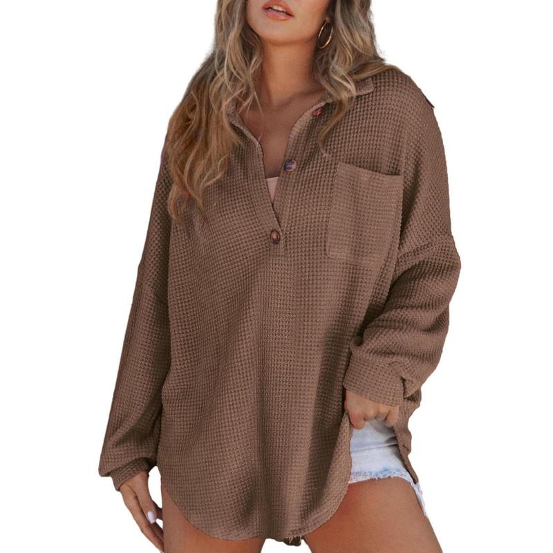 RHANNON™ - Suéter Casual Oversized de Manga Longa com Decote V e Textura Waffle