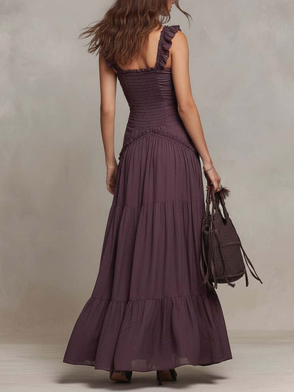 Vestido Longo Boêmio de Chiffon com Babados, Franzidos e Camadas