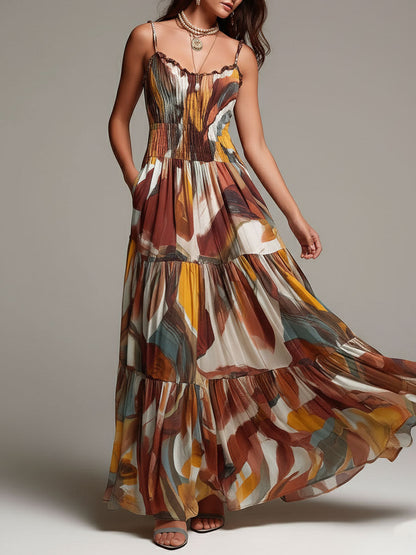 Vestido Longo Boho com Corpete Franzido Multicolorido Abstrato
