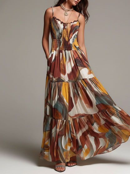Vestido Longo Boho com Corpete Franzido Multicolorido Abstrato