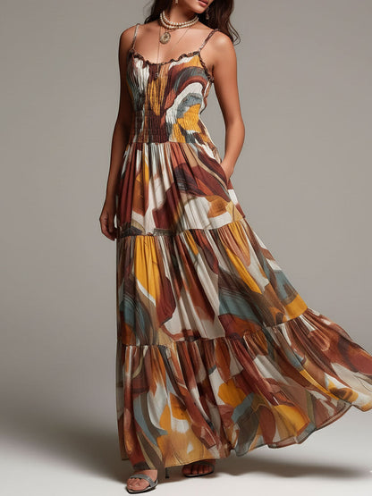 Vestido Longo Boho com Corpete Franzido Multicolorido Abstrato