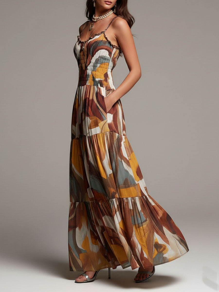 Vestido Longo Boho com Corpete Franzido Multicolorido Abstrato