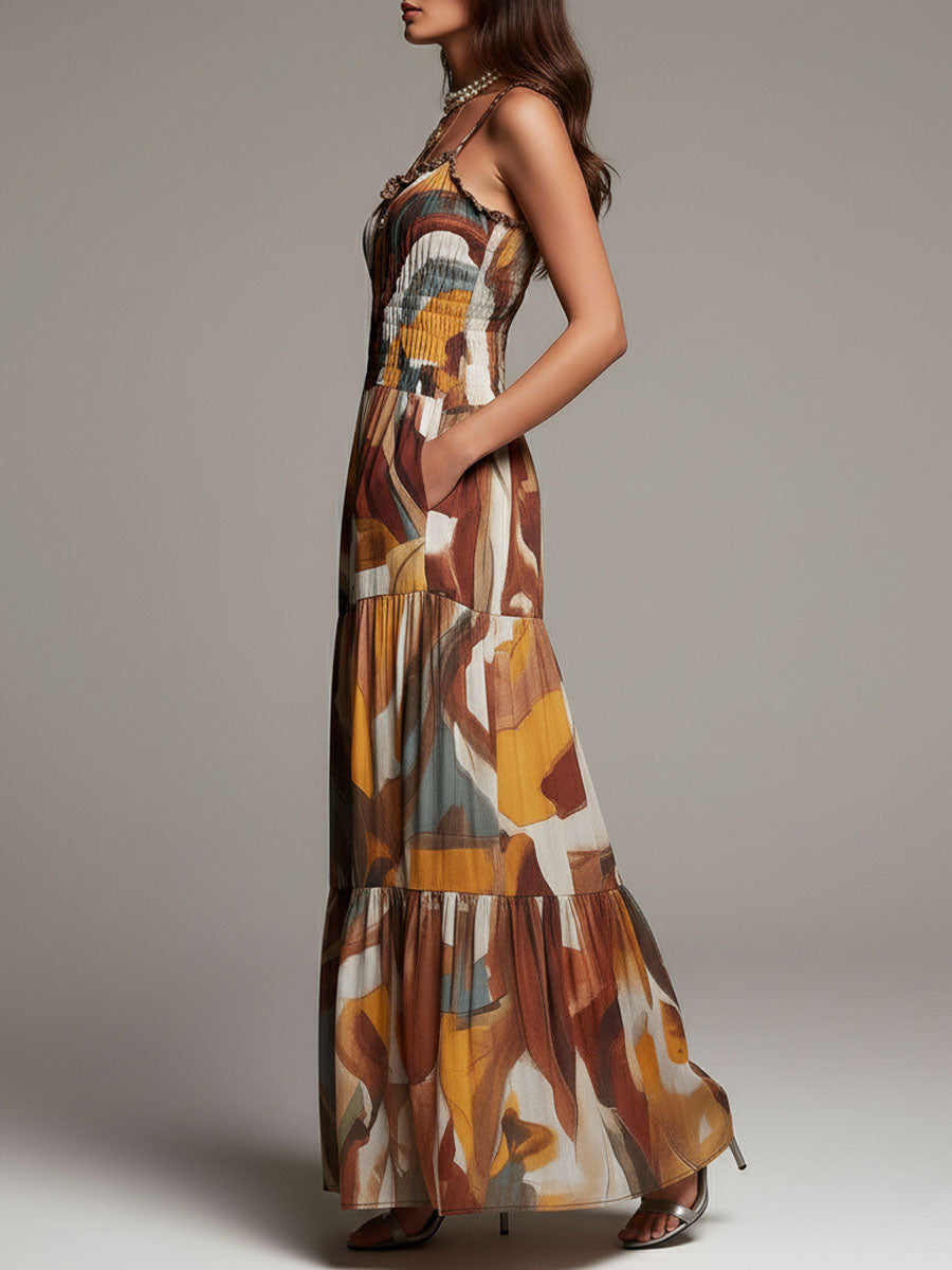 Vestido Longo Boho com Corpete Franzido Multicolorido Abstrato