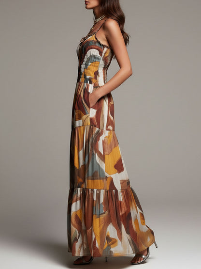 Vestido Longo Boho com Corpete Franzido Multicolorido Abstrato