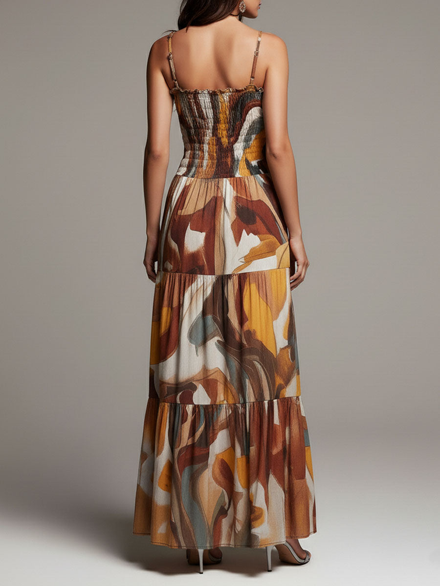Vestido Longo Boho com Corpete Franzido Multicolorido Abstrato