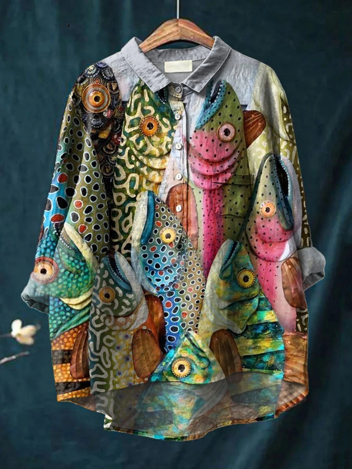 Esme | Vintage sjovt fiskekunsttryk afslappet skjorte
