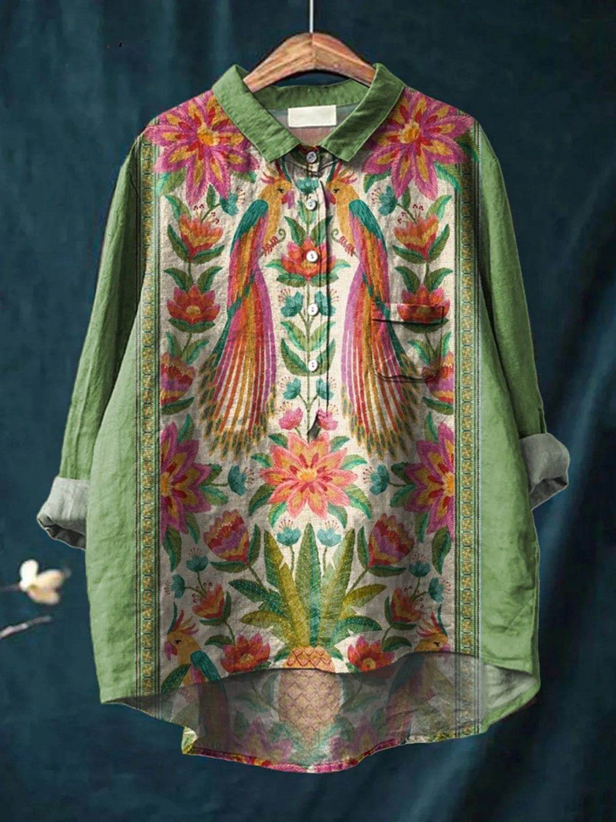 Arabella | Kvinders vintage dejlige blomsterfugle kunsttryk afslappet skjorte