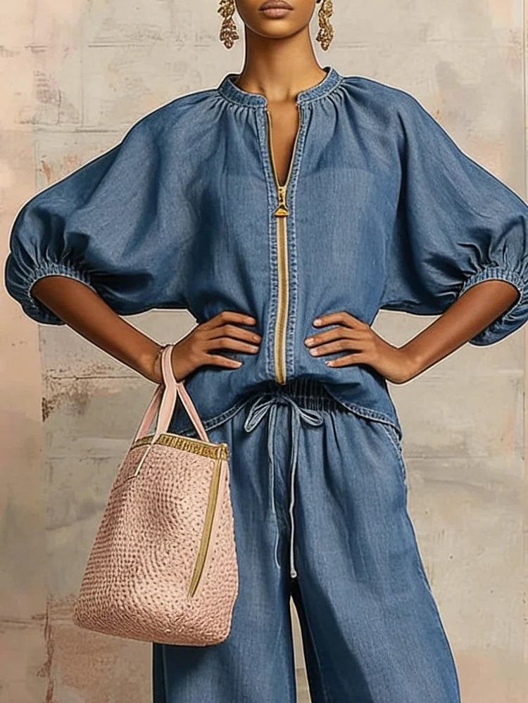 The Zip-Up Top & Wide-Leg Denim Set
