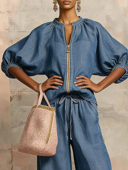 The Zip-Up Top & Wide-Leg Denim Set