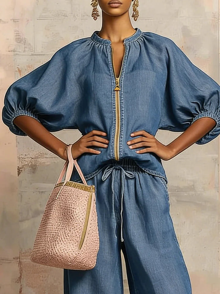 Das Reißverschluss-Oberteil & Weite-Jeans-Set