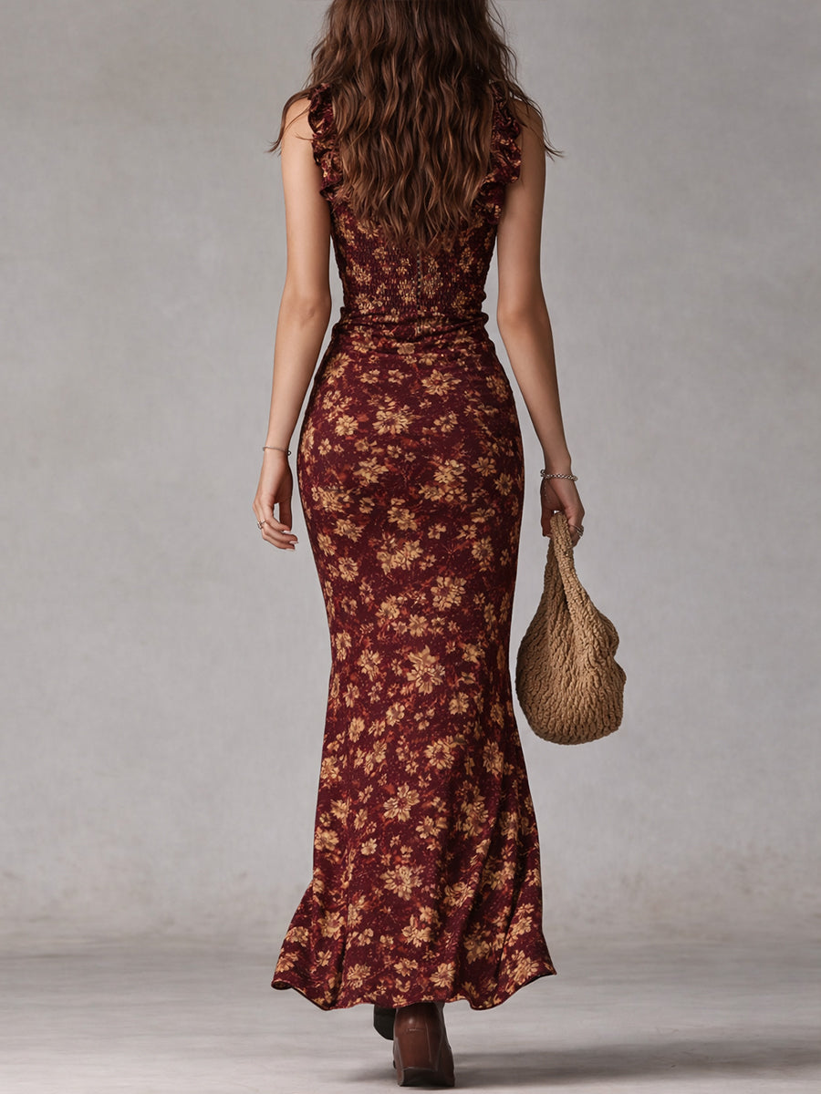 Boho Retro Maxikleid mit Rüschensäumen und hohem Schlitz