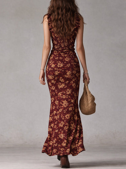 Boho Retro Maxikleid mit Rüschensäumen und hohem Schlitz