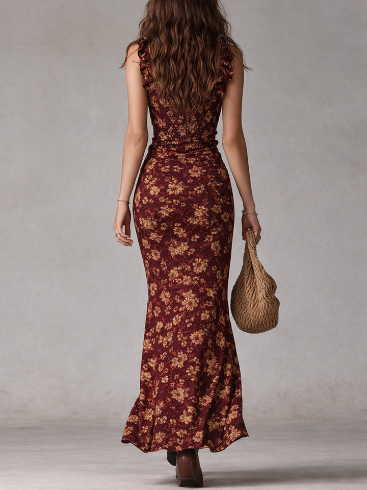Vestido Maxi Boho Retrô com Babados nas Mangas e Fenda Alta