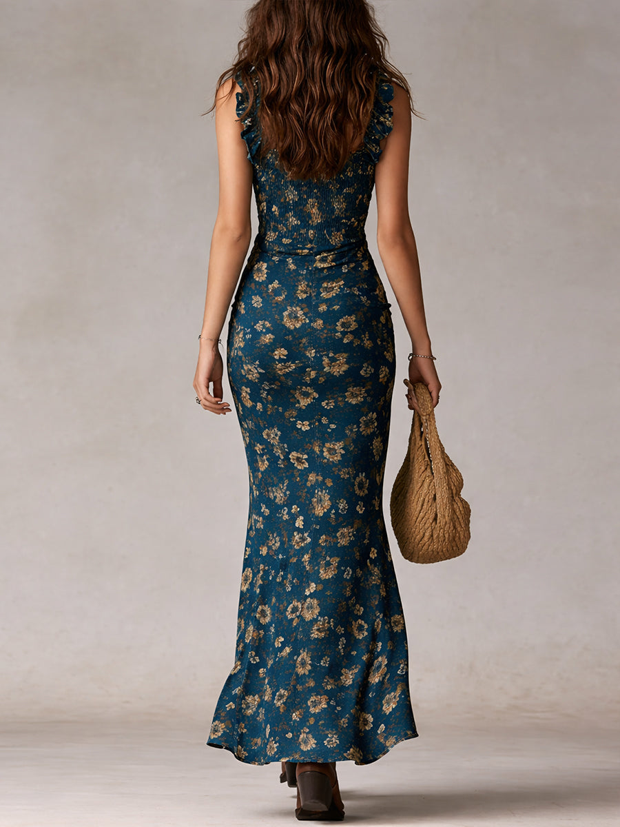 Boho Retro Maxikleid mit Rüschensäumen und hohem Schlitz