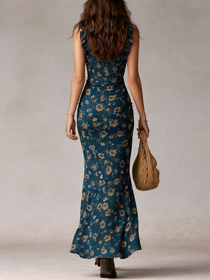 Vestido Maxi Boho Retrô com Babados nas Mangas e Fenda Alta