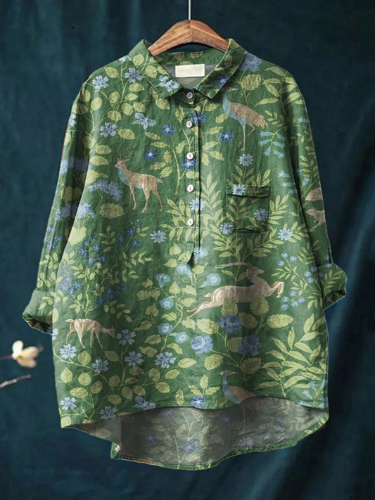 Georgia | Camisa Casual Feminina com Estampa Vintage de Flores e Animais