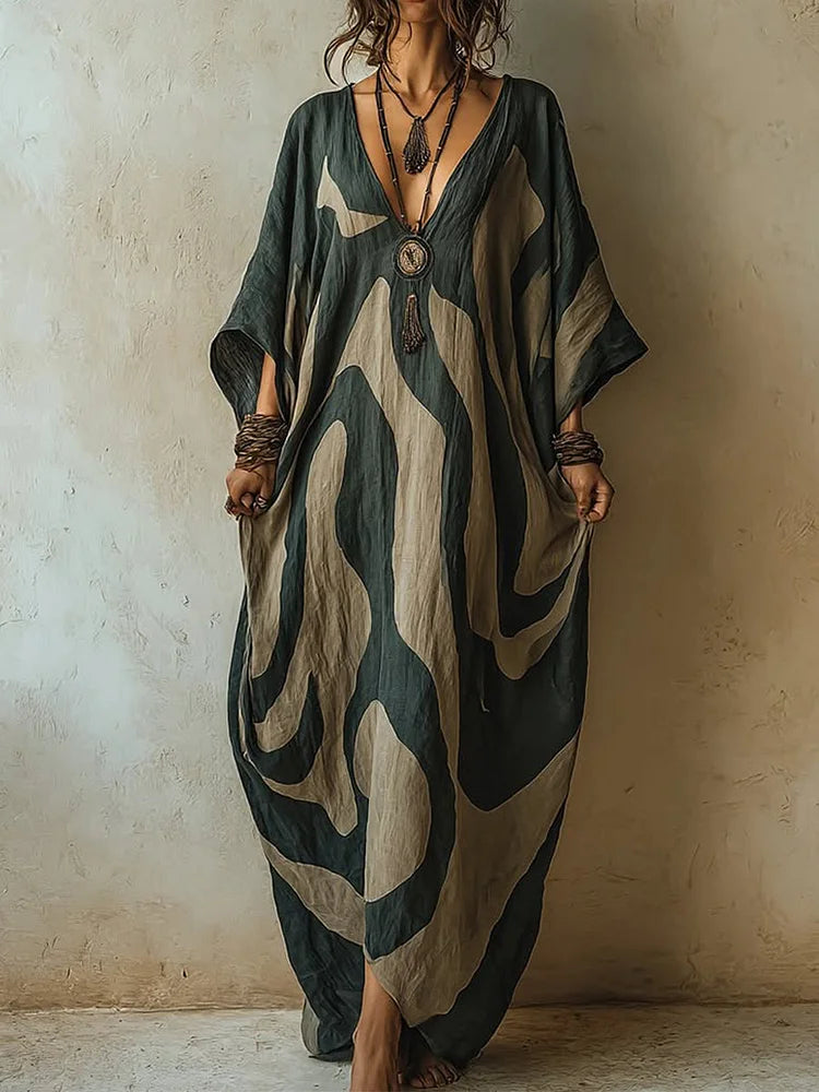 Women's Bohemian Print Casual V-neck Cotton Linen Dress