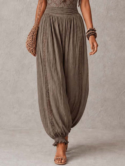 Bohemian Taupe Lace Bustier And Crinkle Cotton Harem Pants Set